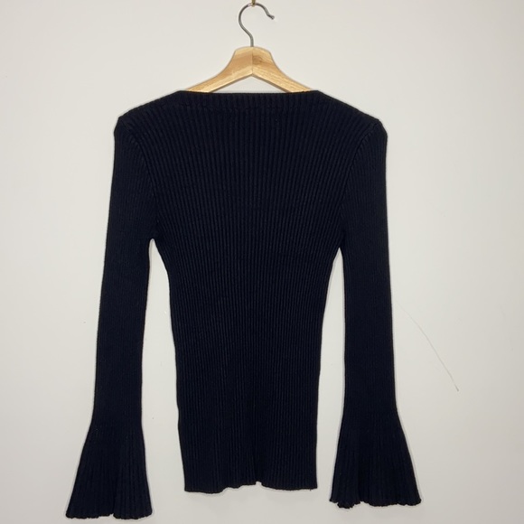 Black Ribbed Long Bell/Flare Sleeve Top - Picture 4 of 9